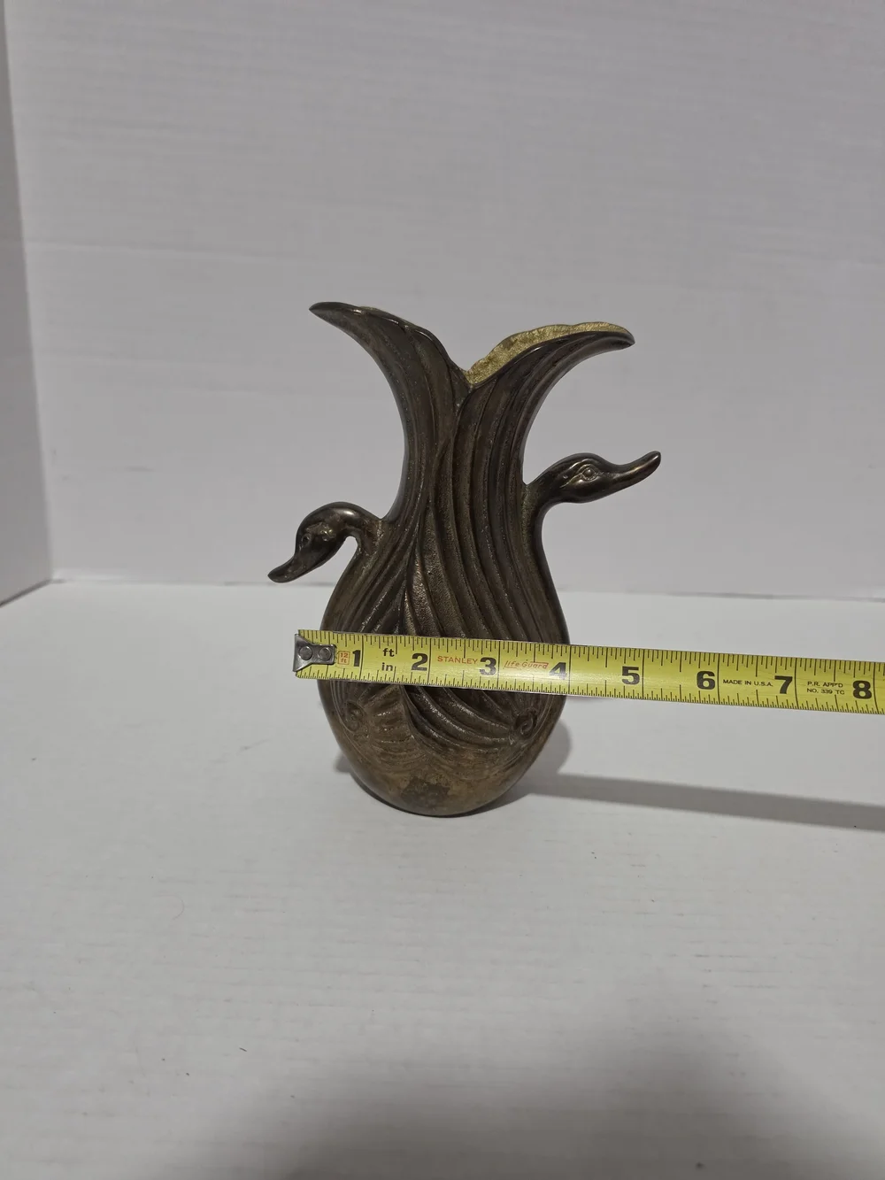 Solid Brass Art Deco Sculpture Vase with A Double Swan Design and Unique Patina